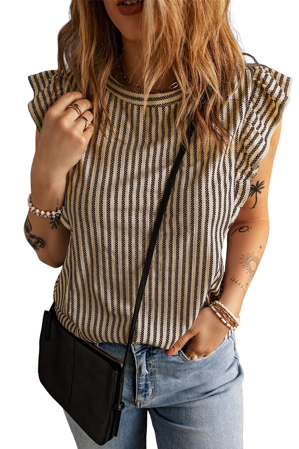 Khaki Striped Crew Neck Ruffled Tank Top