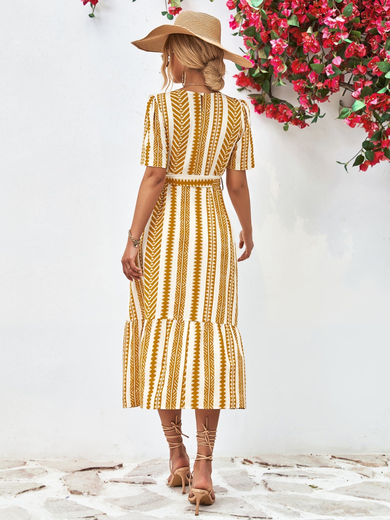 Modest Ivory Gold Striped Tie Belt Midi Drese