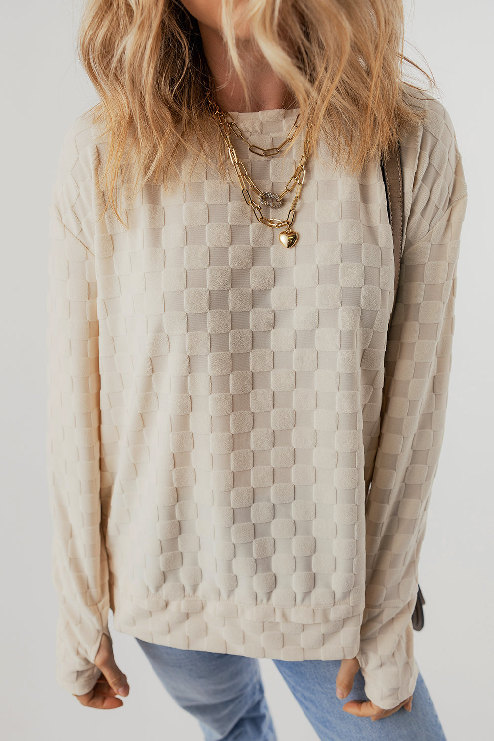 Beige Solid Textured Thumbhole Sleeve Top