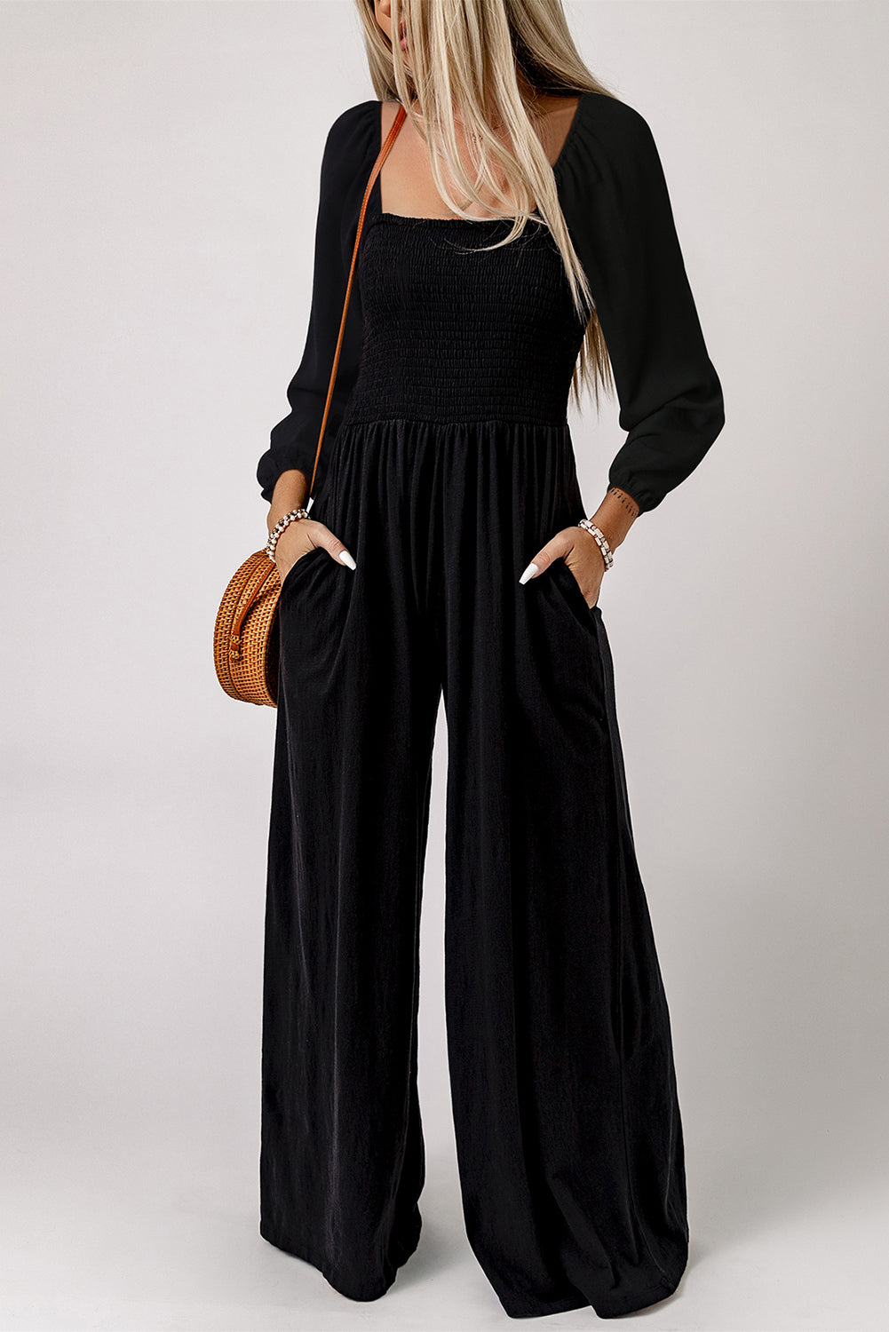 Black Smocked Square Neck Long Sleeve Wide Leg Jumpsuit