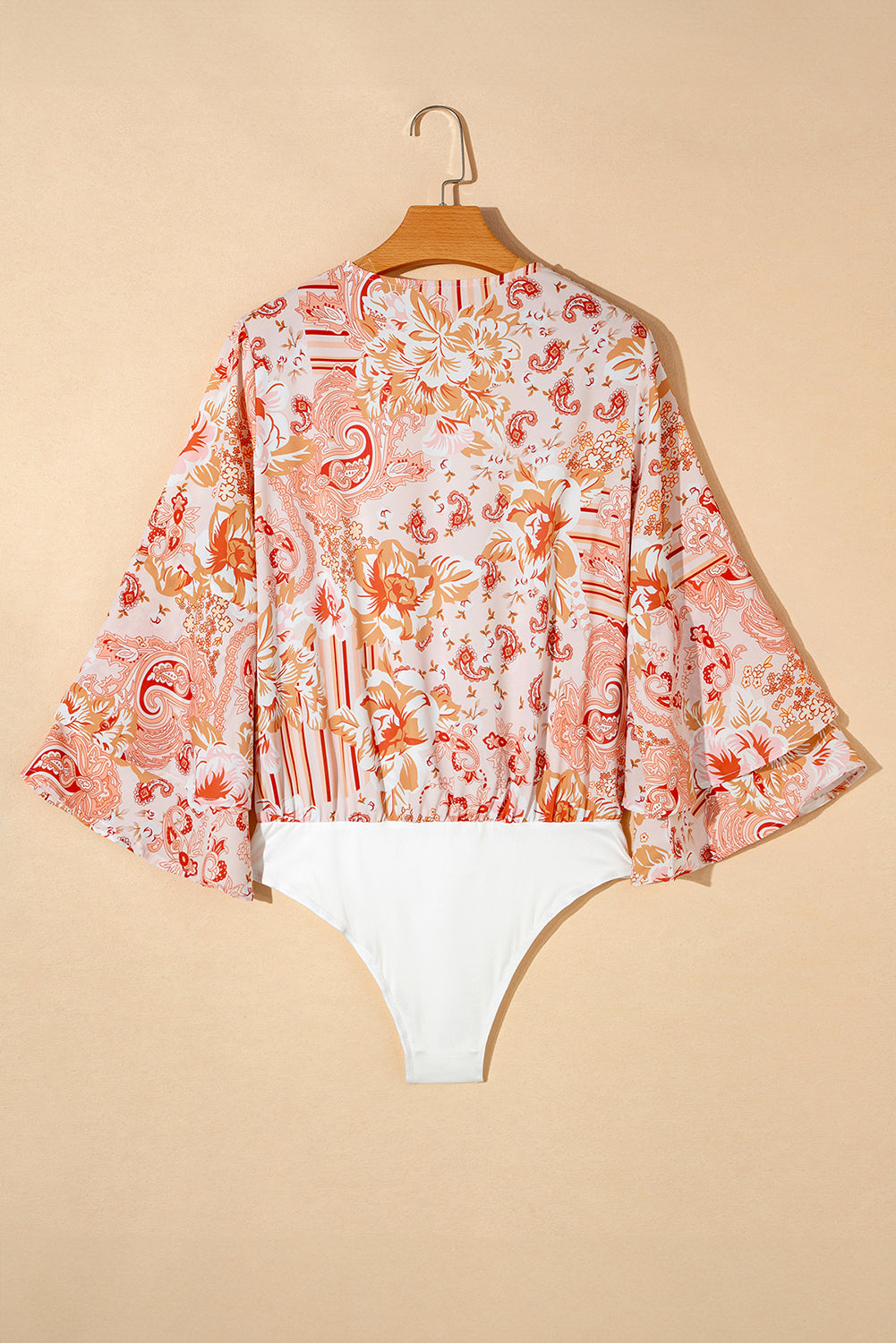 Orange Floral Print Ruffled Bell Sleeve V Neck Bodysuit