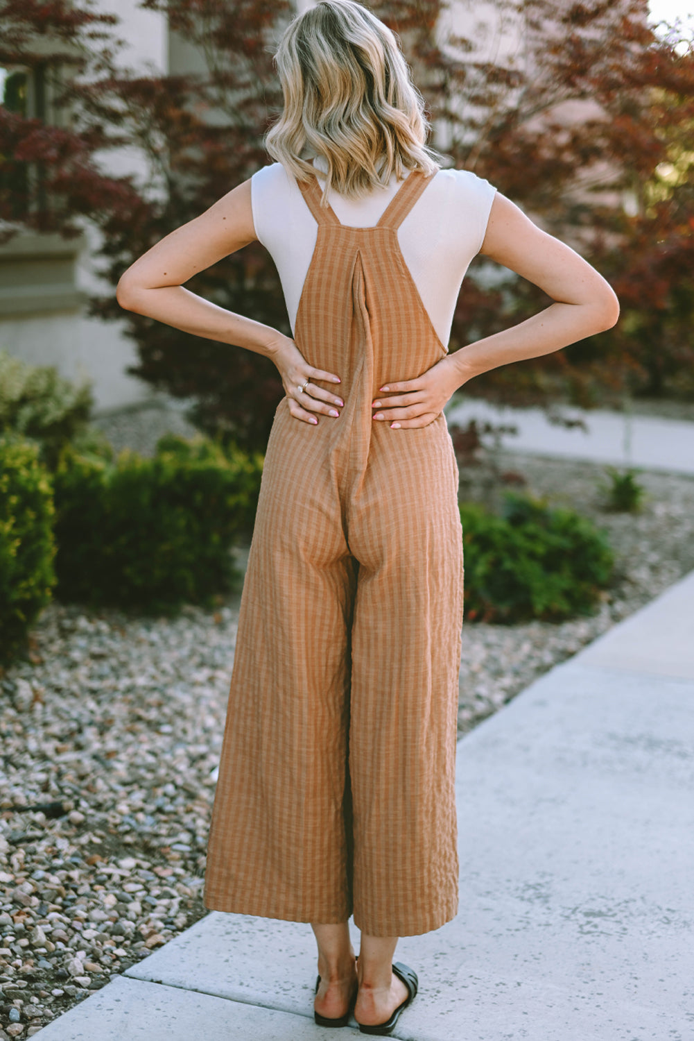 Brown Striped Pleated Wide Leg Pocketed Jumpsuit