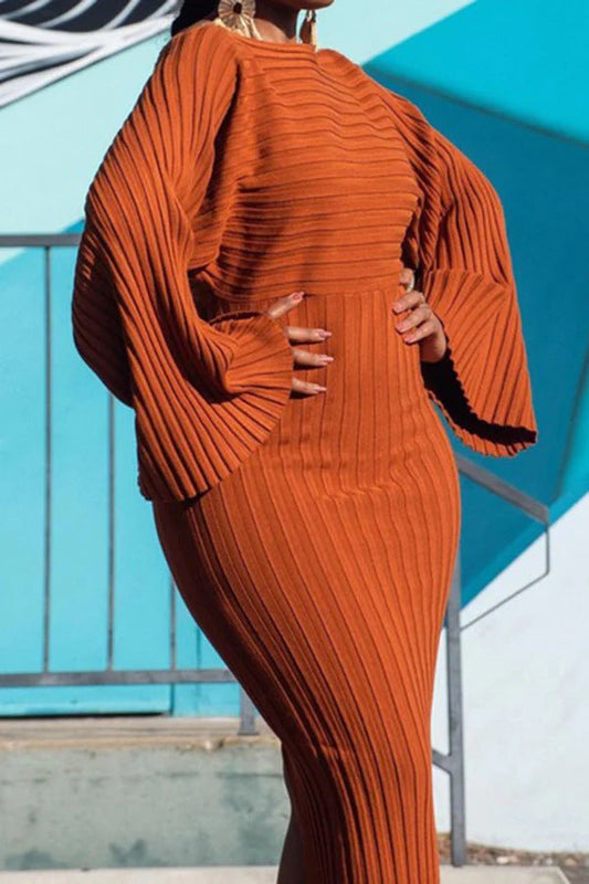 Plus Size Ribbed Frilled Long Sleeve Maxi Dress