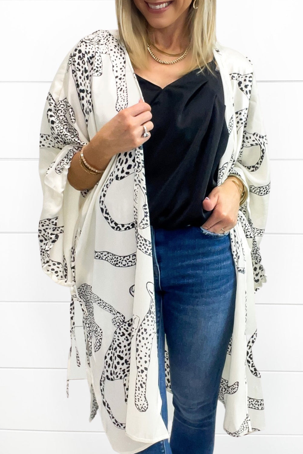 White Cheetah Print Loose Fit Open Front Kimono