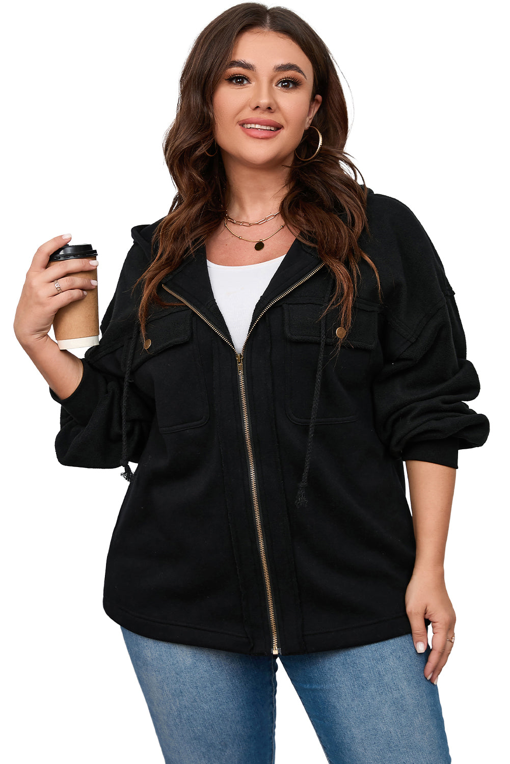 Black Plus Size Women Hooded Zip Up Jacket