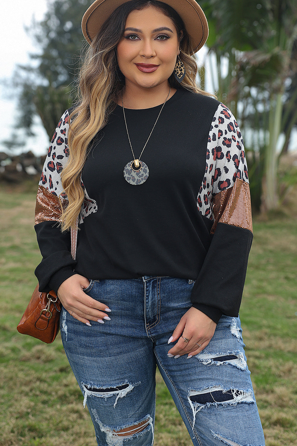 Plus Size Women Black Leopard Print Sweatshirt