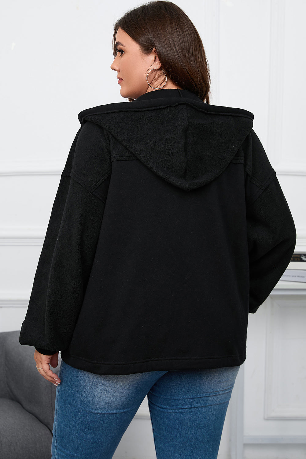 Black Plus Size Women Hooded Zip Up Jacket