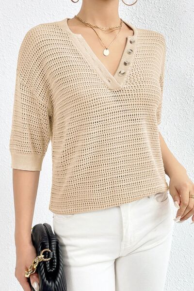 Half Button Dropped Shoulder Knit Top