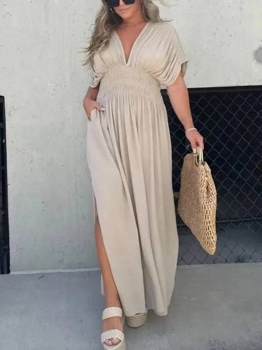 Ivory Casual Long Slit Maxi Dress