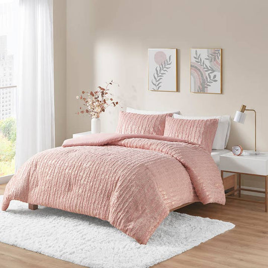 Faux Fur Metallic Duvet Cover Set, Blush Pink