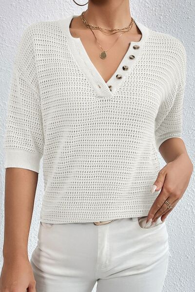 Half Button Dropped Shoulder Knit Top