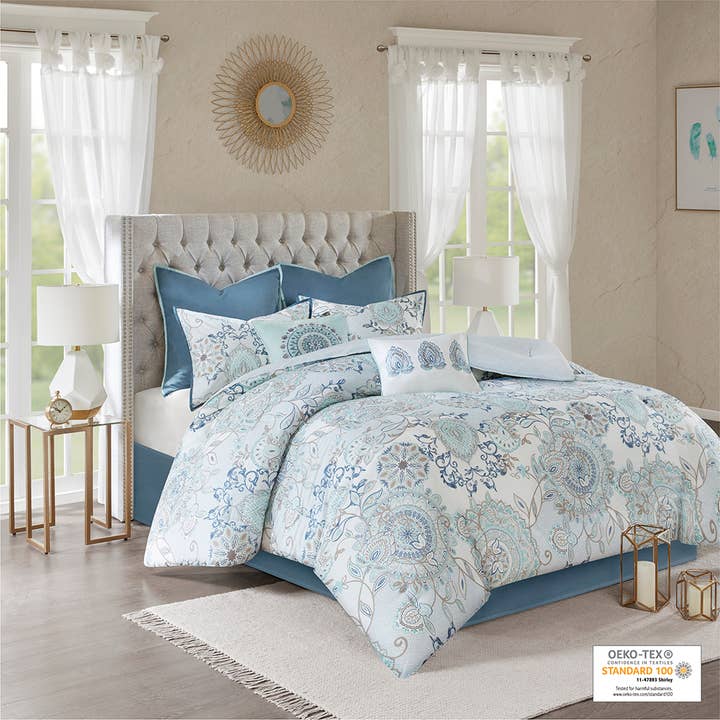 Boho Botanical Comforter Set, Blue