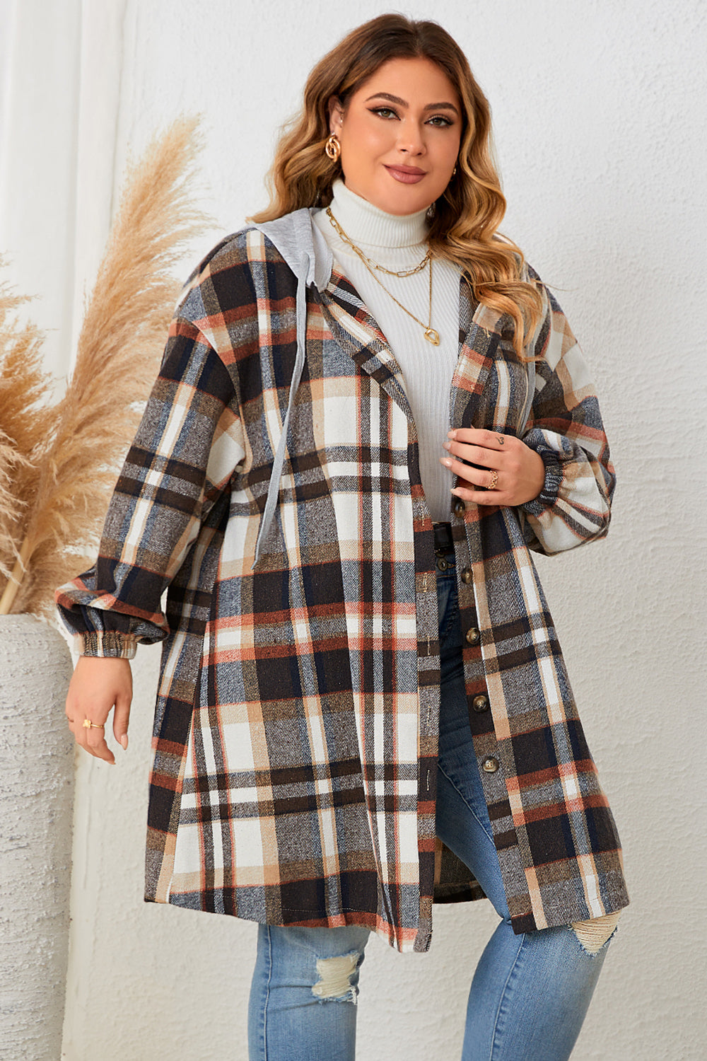 Chocolate Plus Size Women Plaid Hooded Coat