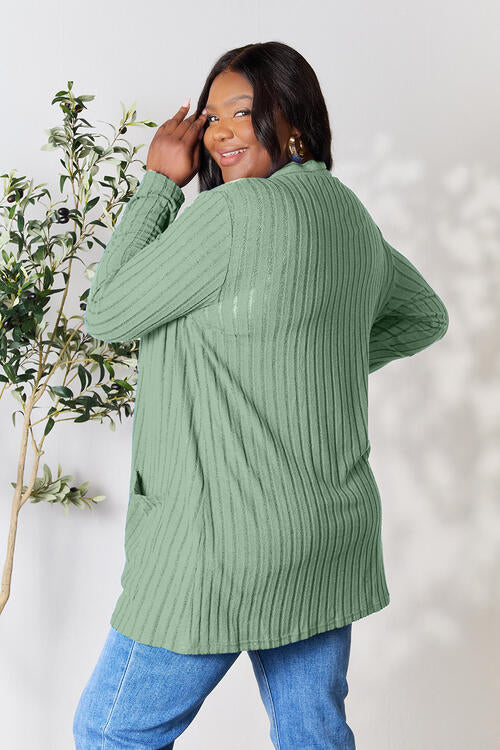 Blue Ribbed Open Front Cardigan with Pockets