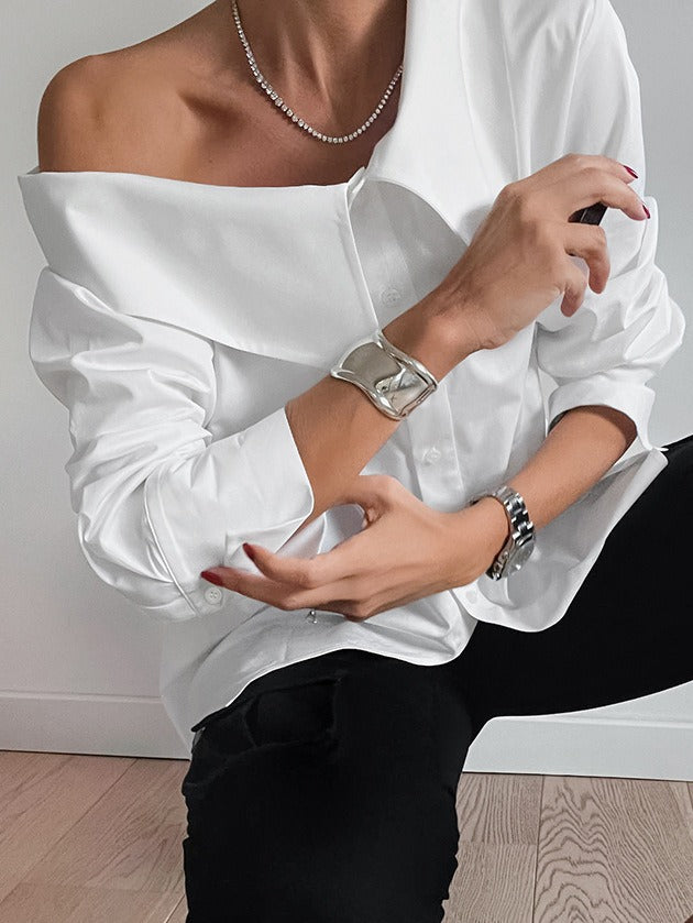 White off-shoulder irregular collar temperament loose shirt