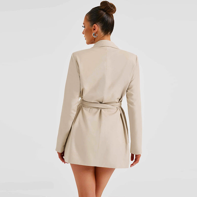 Elegant Lapel Waist Belt Mid-length Coat