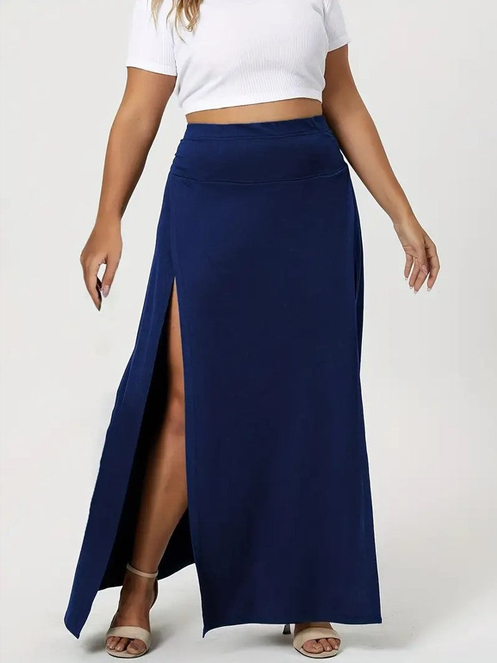 Women's High Waist Slit Solid Color Midi Skirt