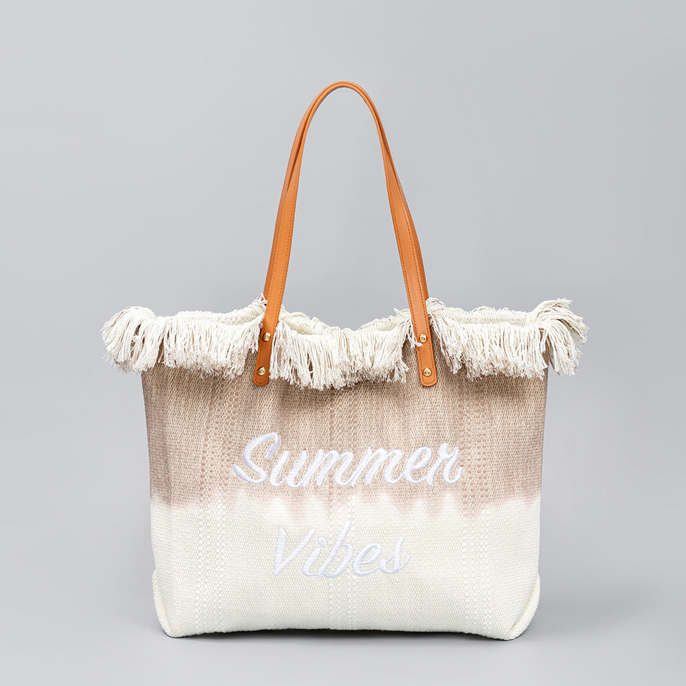 Embroidered Tote Tassel Canvas Beach Bag