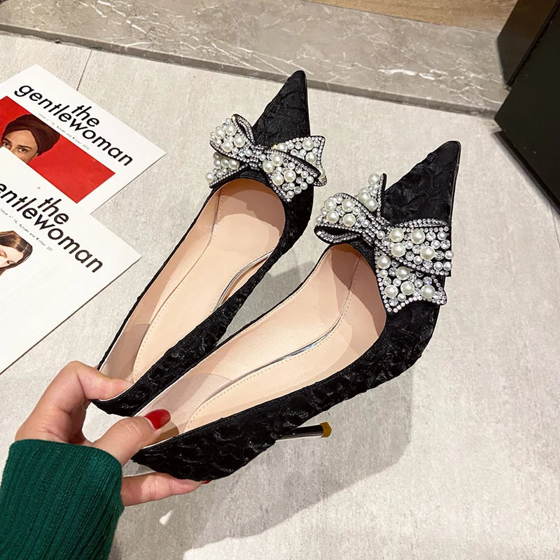 Black Pearl Bowknot Thin High Heels