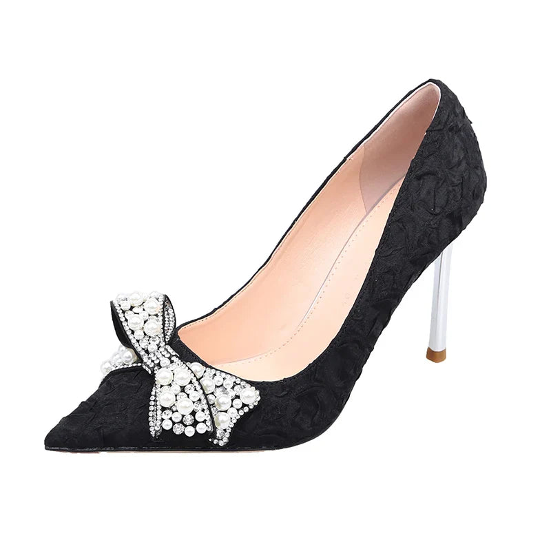 Black Pearl Bowknot Thin High Heels