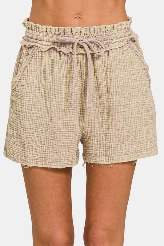 Zenana Washed Frayed Hem Drawstring Shorts