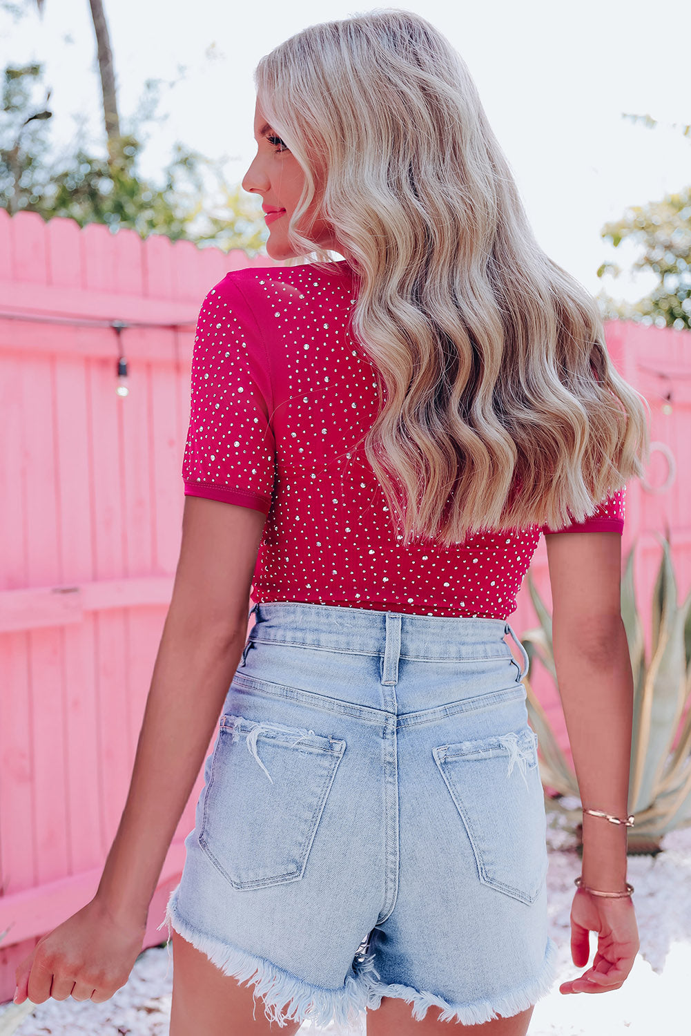 Cute Hot Pink Rhinestone Bodysuit