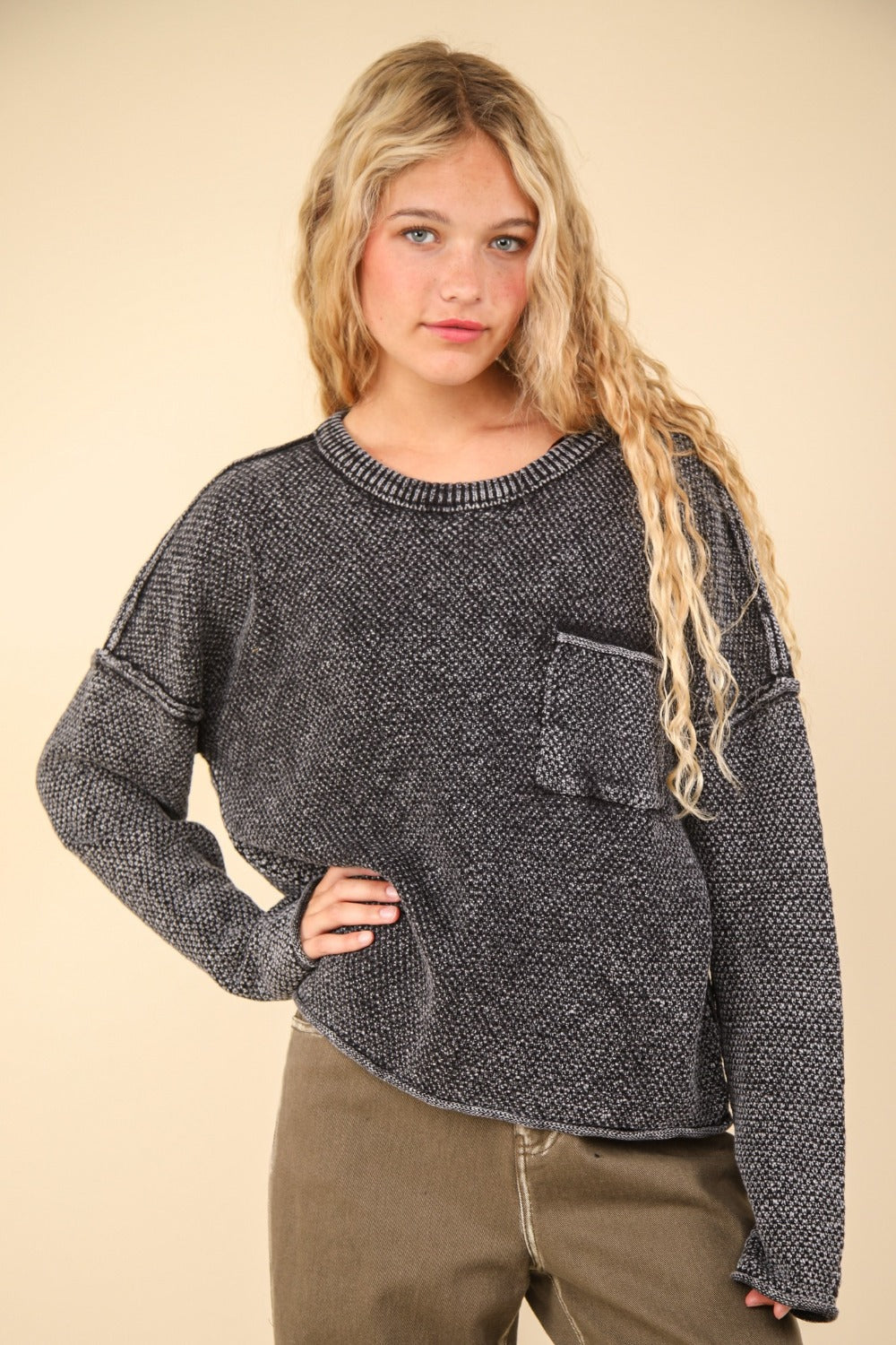 Black Mineral Washed Exposed  Seam Knit Sweater