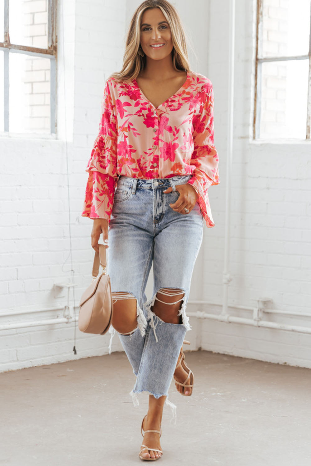 Pink Floral Print Tiered Bell Long Sleeve Buttoned Bodysuit