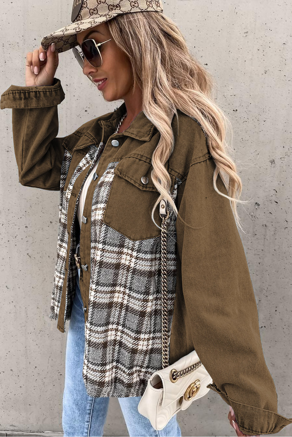 Brown Plaid Patchwork Pockets Denim Jacket