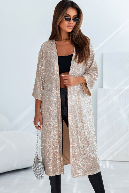 Apricot Sequin 3/4 Sleeve Open Front Duster Kimono