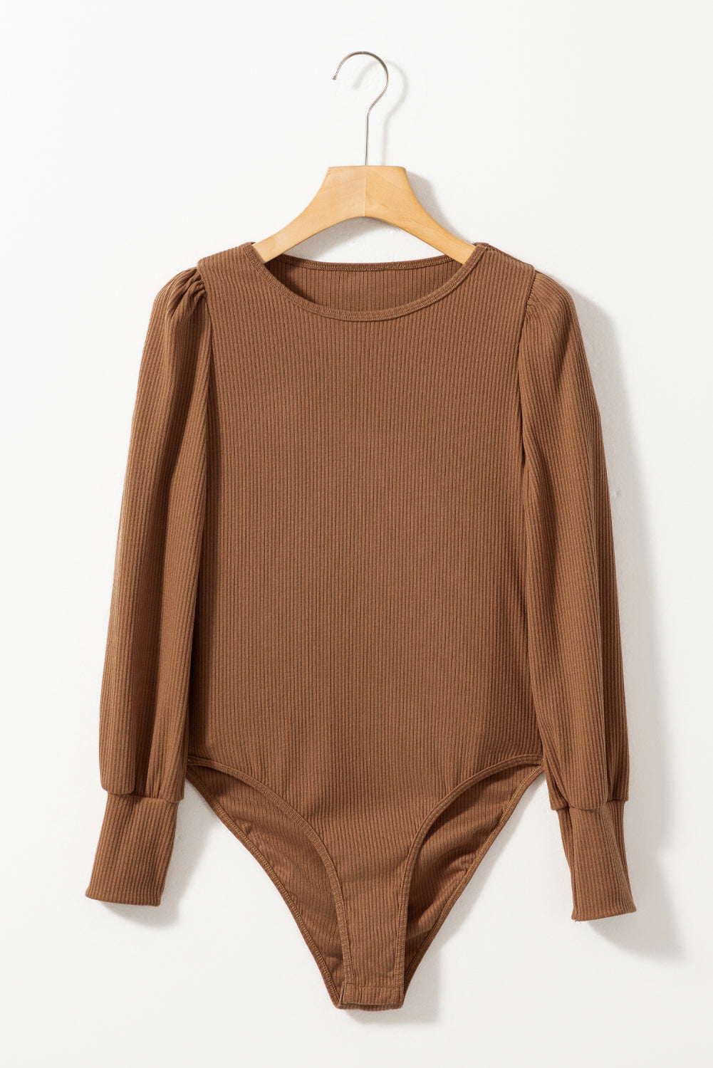 Brown Ribbed Balloon Sleeve Bodysuit