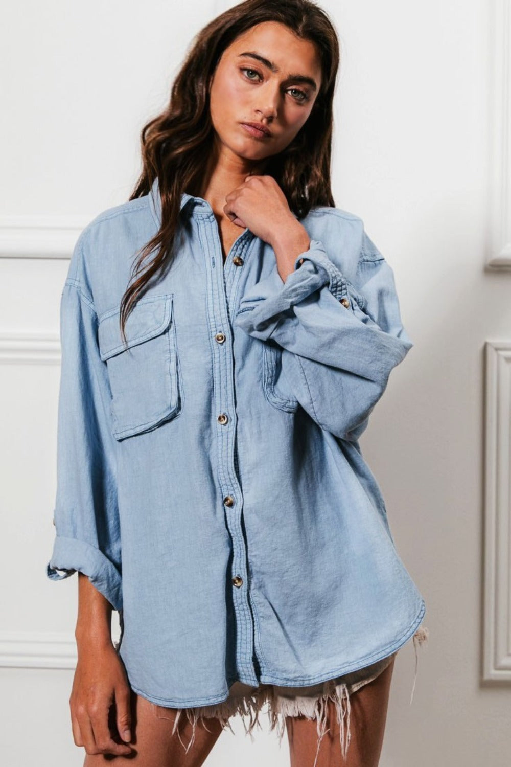 Oversized Button Down Stitch Detail Denim Shirt