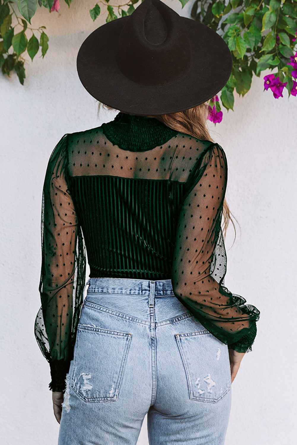 Green Sheer Dotty Long Sleeve Ribbed Velvet Bodysuit