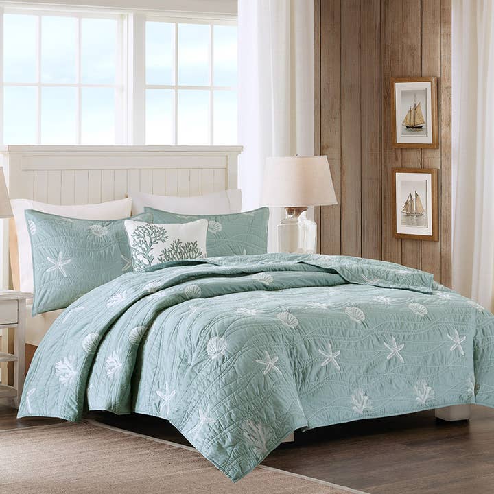 Coastal Beach House 4-Piece Coverlet Set, Sea Blue