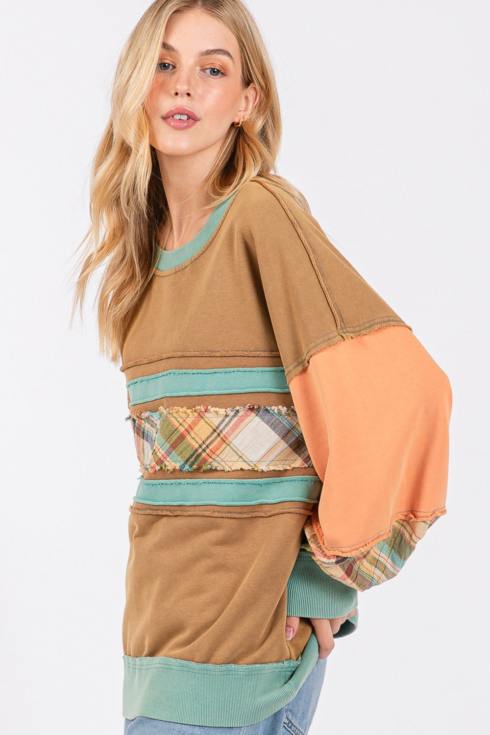 Boho Raw Edge Color Block Sweatshirt