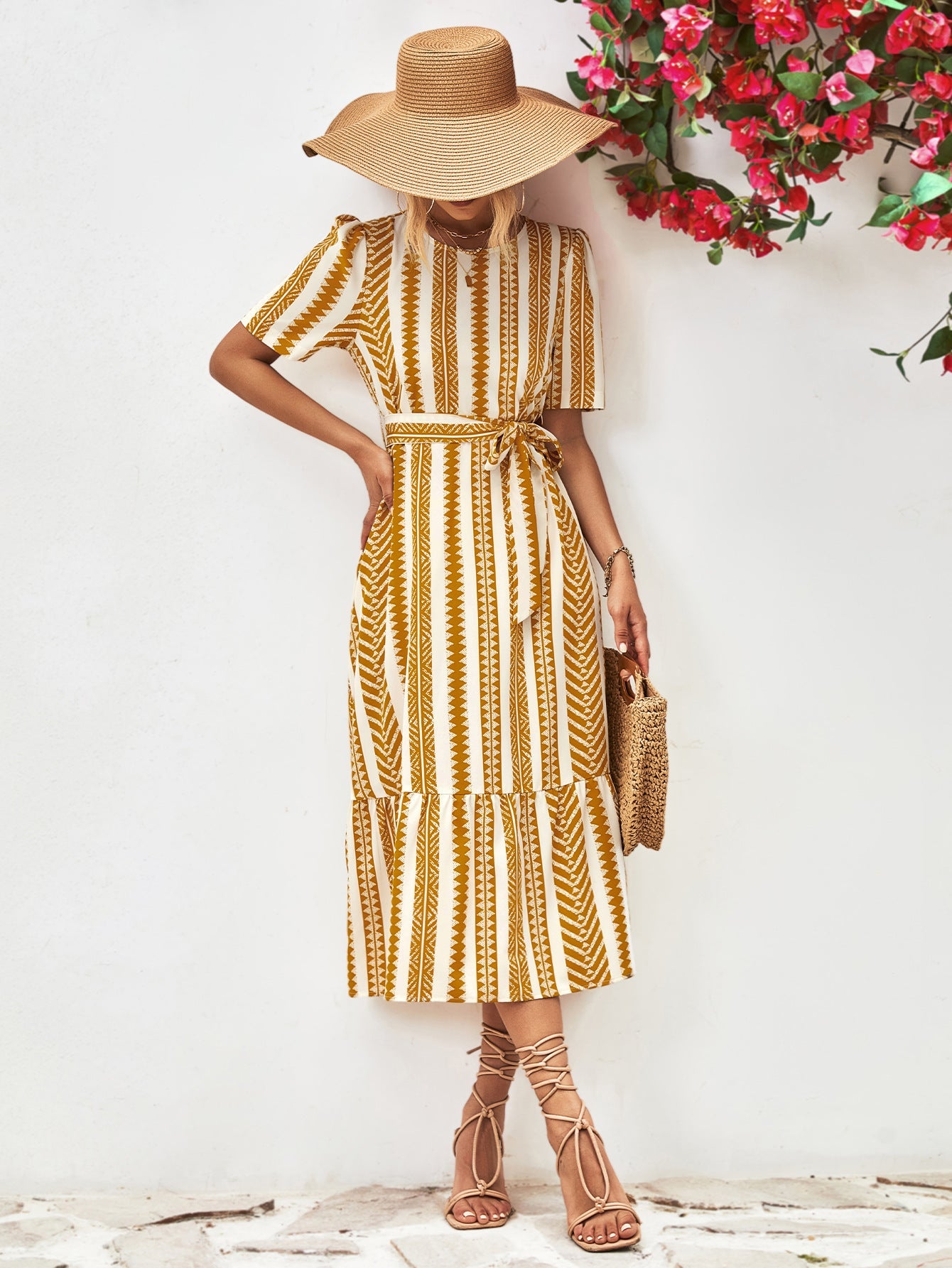 Modest Ivory Gold Striped Tie Belt Midi Drese