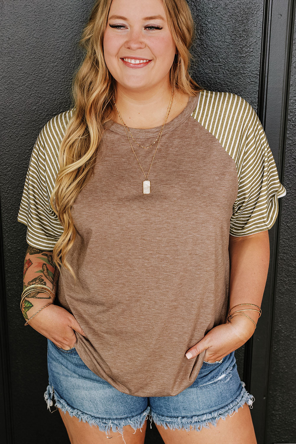 Light French Beige Striped Raglan Sleeve Crewneck Plus Size T Shirt