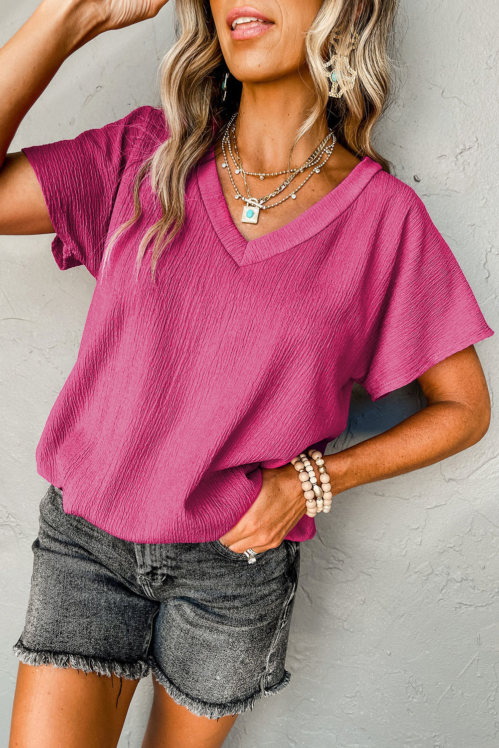 Bright Pink Crinkled V Neck Wide Sleeve T-shirt