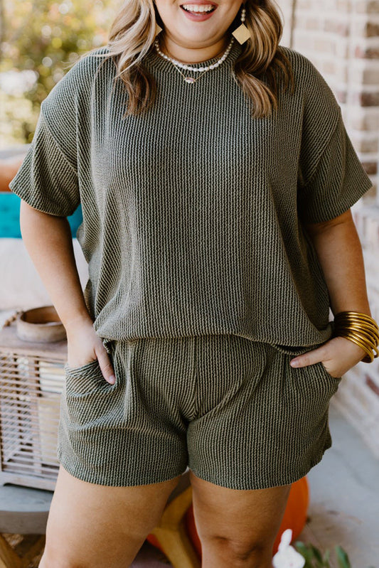 Moss Green Plus Size Rib Knit Short Sleeve Top and Shorts Set