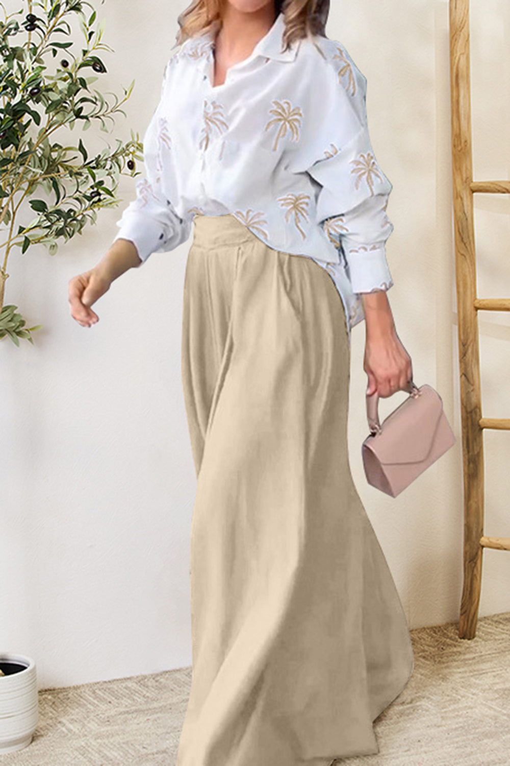 Pocketed Dropped Shoulder Shirt and Wide Leg Pants Set