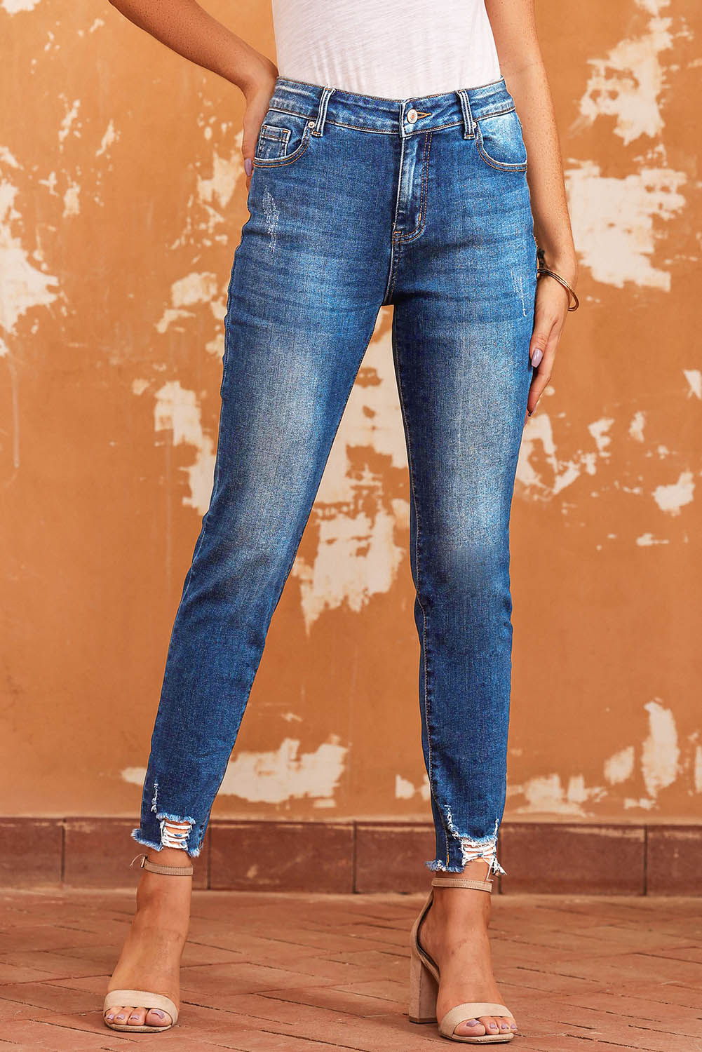 Blue Raw Hem Ankle-length Skinny Jeans