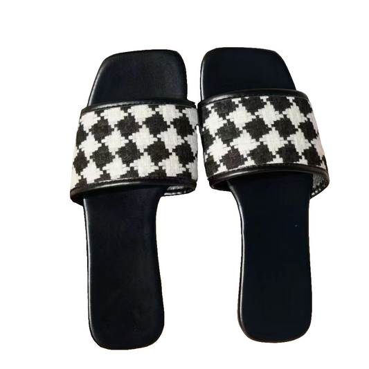 Plaid Open Toe Flat Sandals