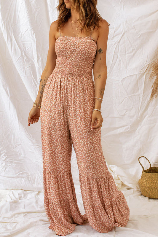 Khaki Thin Straps Smocked Bodice Wide Leg Floral Jumpsuit