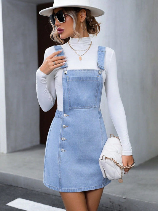 Petite Wide Strap Denim Overall Mini Dress