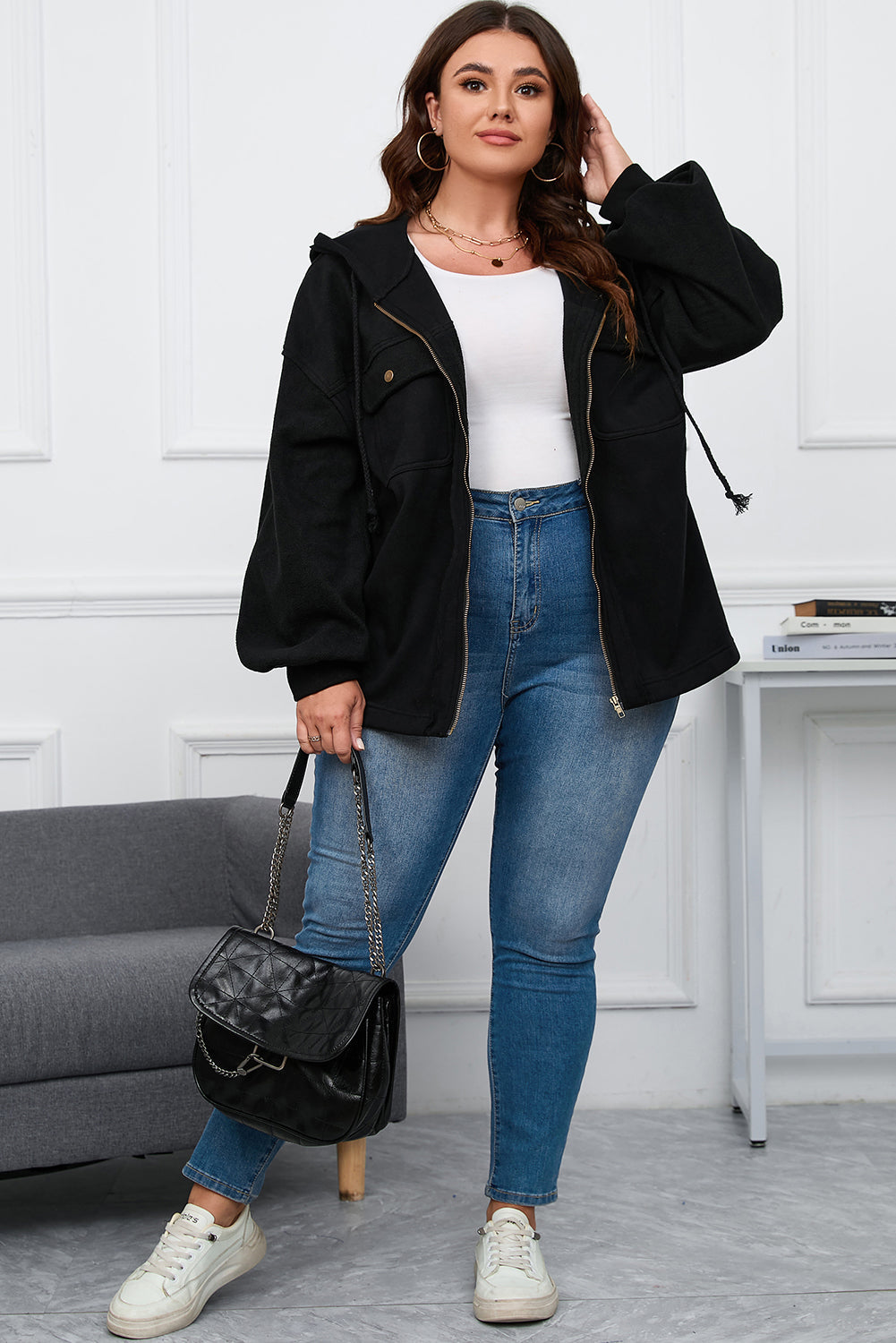 Black Plus Size Women Hooded Zip Up Jacket