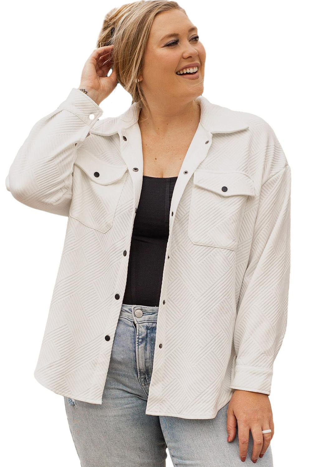 Beige Plus Size Textured Flap Pockets Jacket