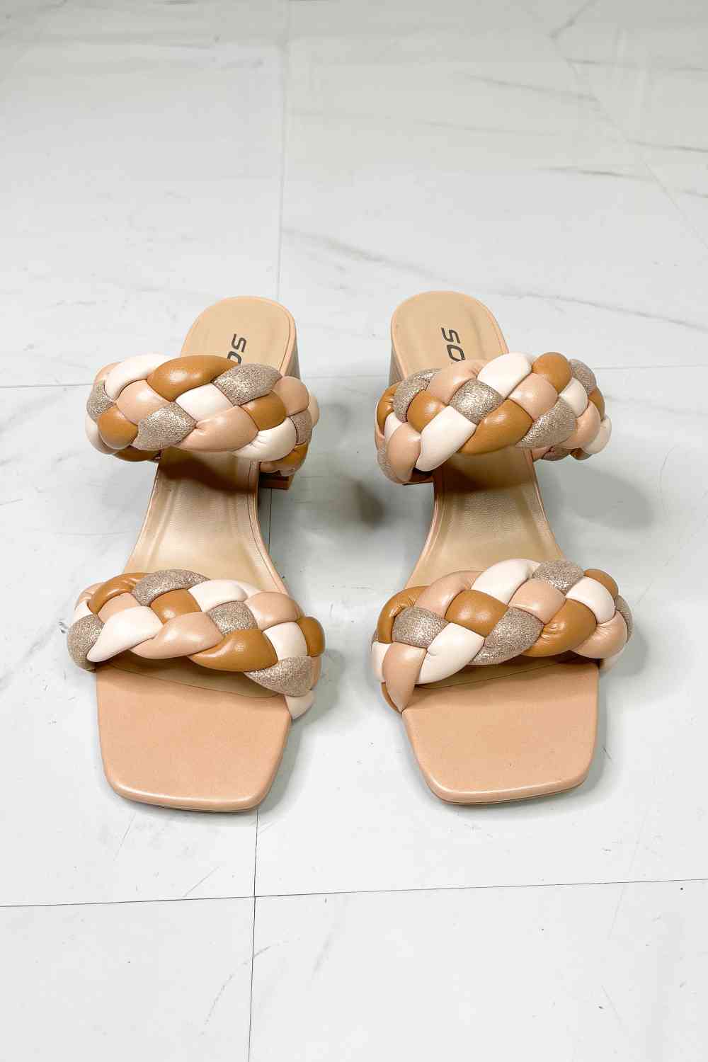 Braided Strap Block Heel Slide Sandal in Nude