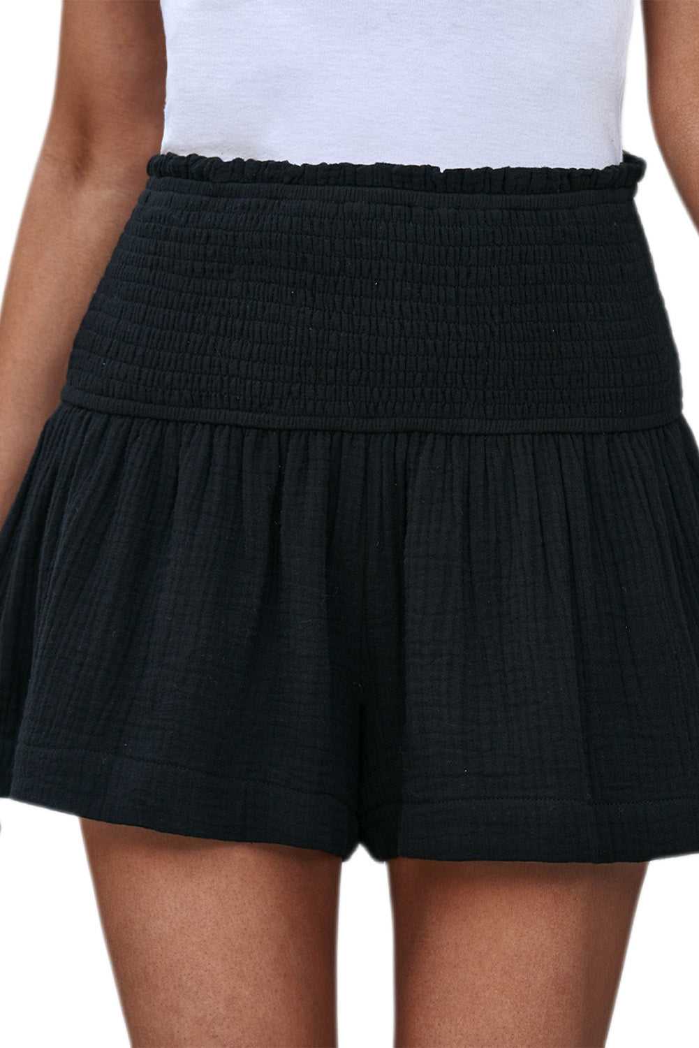 Black Smocked High Waist Ruffle Shorts