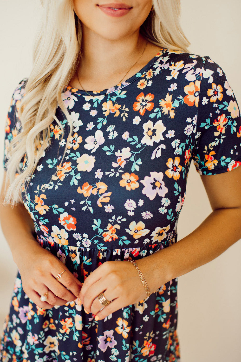 Blue Short Sleeve A-line Floral Dress