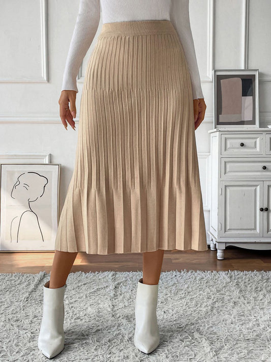 Tan Pleated Knit Midi Skirt